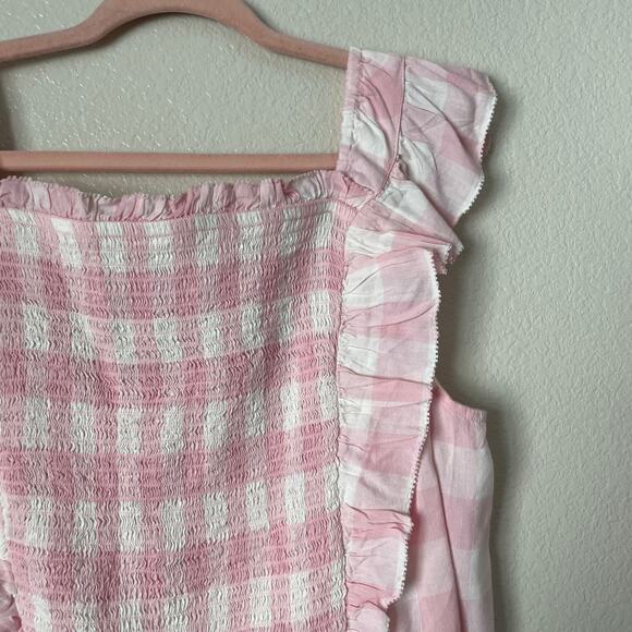 Old Navy Top Womens 2X Pink Gingham Ruffled Peplum Blouse Smocked Cottagecore - Picture 4 of 11